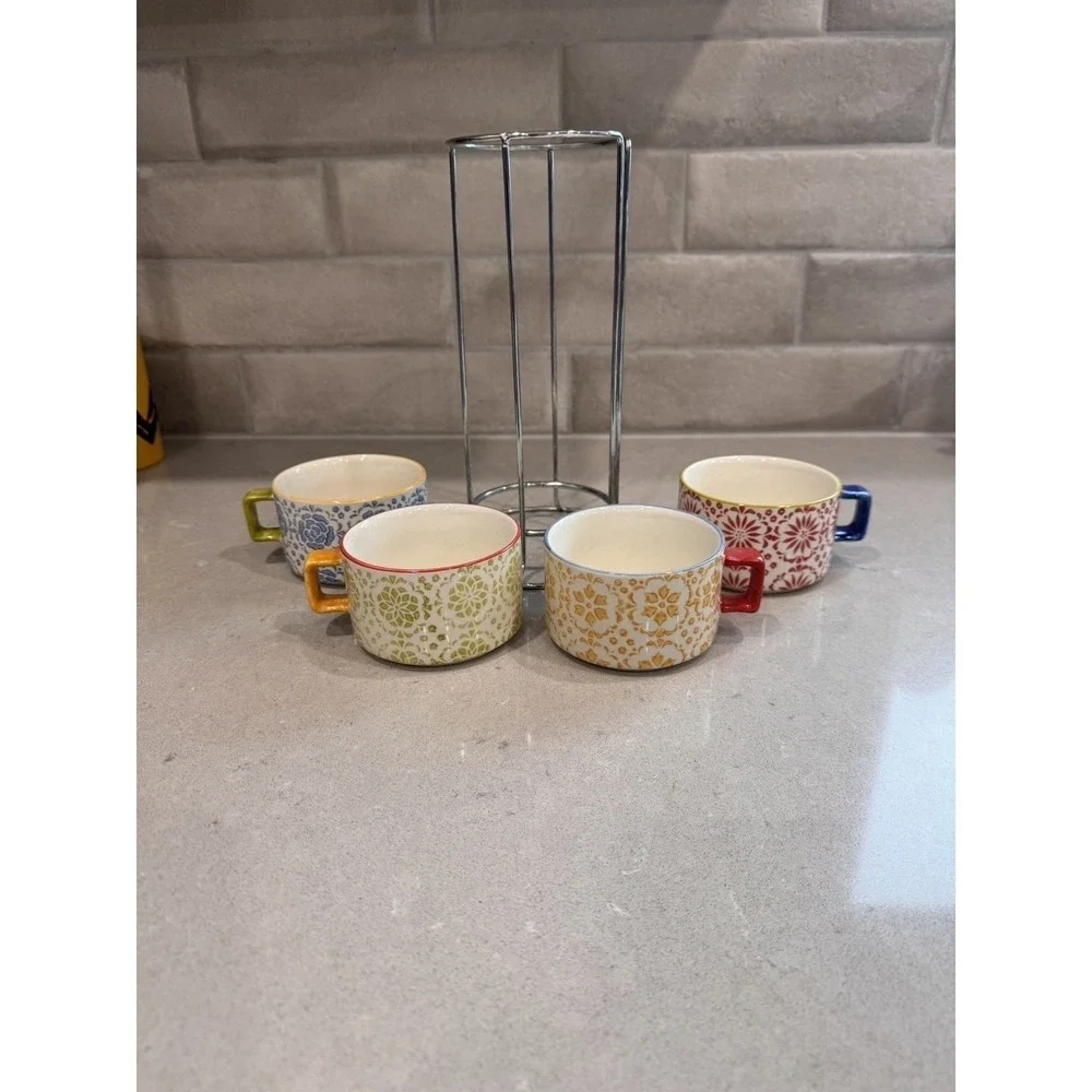 Pier 1 Imports Hand-Painted Stoneware Stacking Mugs Set of 4 w/ Metal Stand